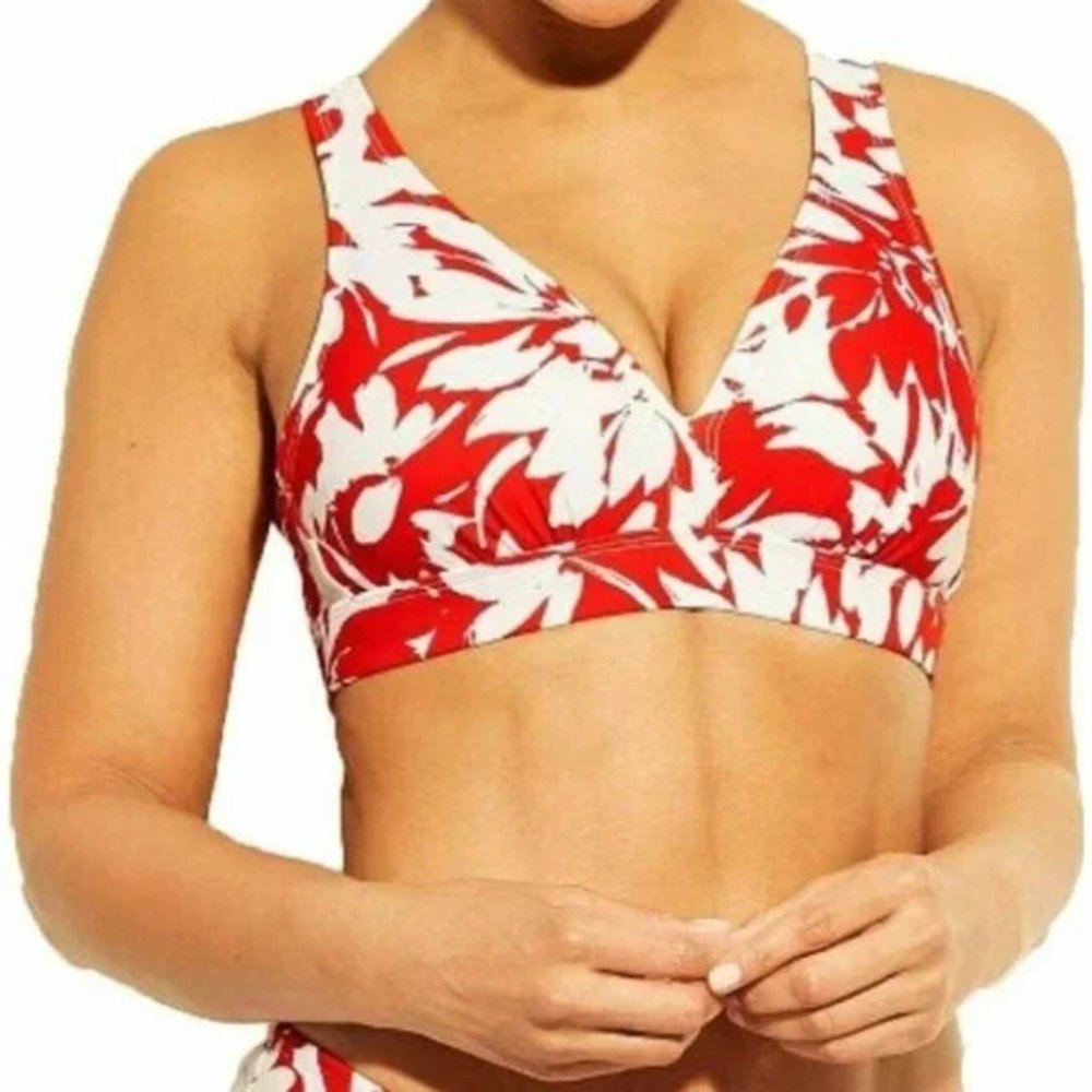 Kona Sol Women Red White Floral Open Back Swim Bra Size Small